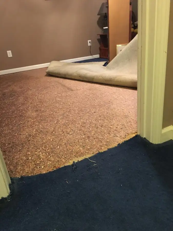 Carpet pad removal revealing water damage during Water Mitigation Services in East Hampton